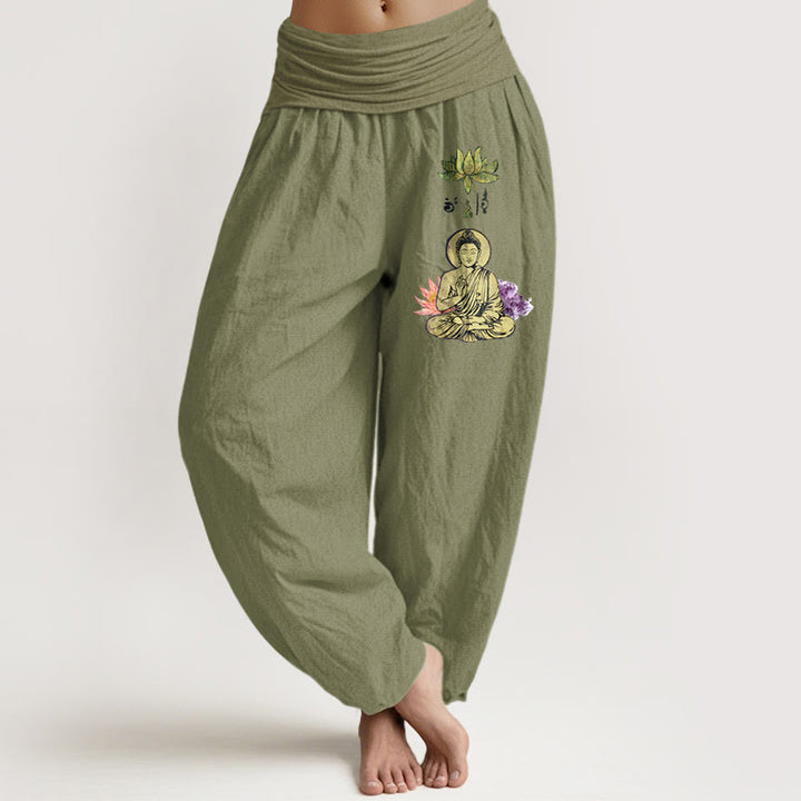 Buddha Stones Pure Cotton Traditional Lotus Buddha Pattern Women's Elastic Waist Harem Pants - OliveDrab - US16，UK/AU20，EU48 (3XL) - image 14