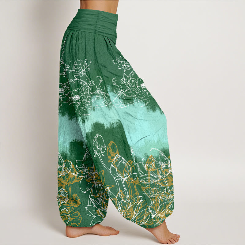 Buddha Stones Cotton Colorful Lotus Pattern Women's Elastic Waist Harem Pants - image 2