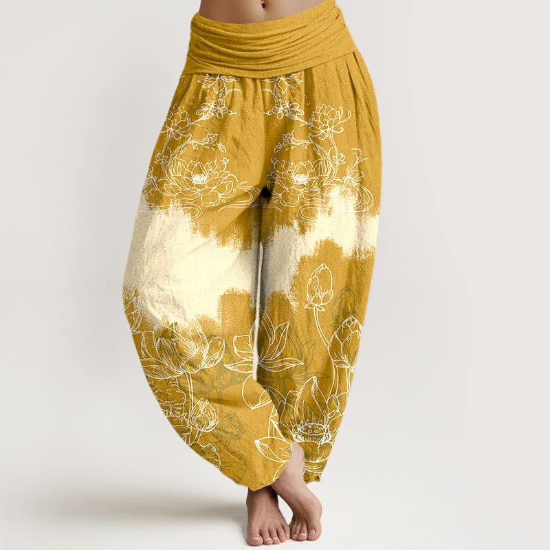 Buddha Stones Cotton Colorful Lotus Pattern Women's Elastic Waist Harem Pants - Gold - US16，UK/AU20，EU48 (3XL) - image 5