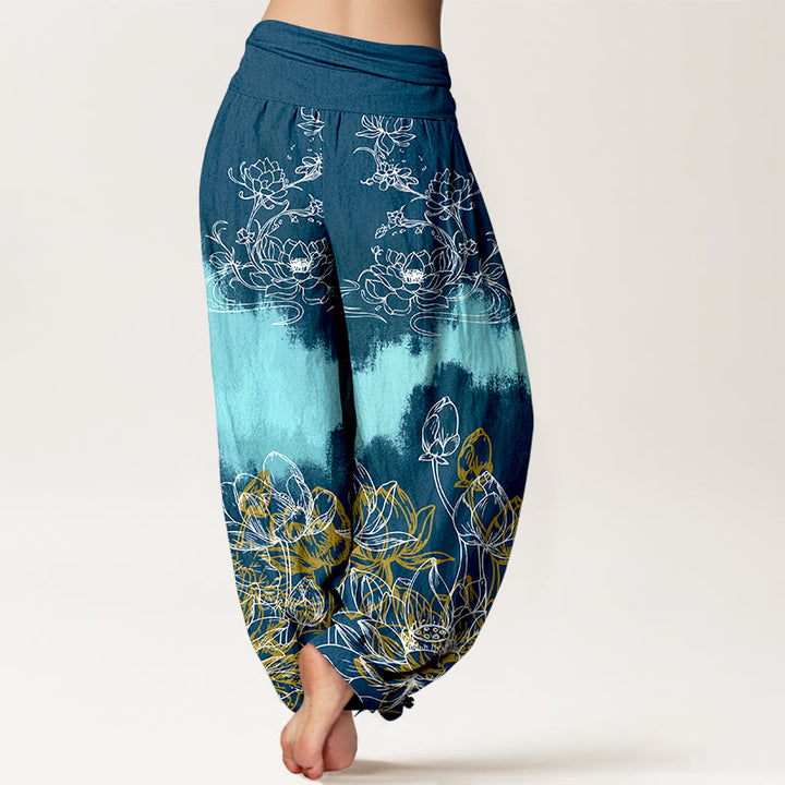 Buddha Stones Cotton Colorful Lotus Pattern Women's Elastic Waist Harem Pants - image 9