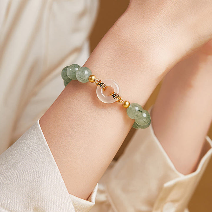 Buddha Stones 925 Sterling Silver Green Rutilated Quartz White Chalcedony Peace Buckle Courage Bracelet - image 9