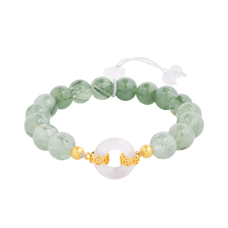 Buddha Stones 925 Sterling Silver Green Rutilated Quartz White Chalcedony Peace Buckle Courage Bracelet - image 4