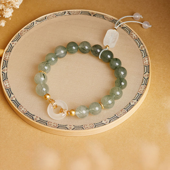 Buddha Stones 925 Sterling Silver Green Rutilated Quartz White Chalcedony Peace Buckle Courage Bracelet - image 1