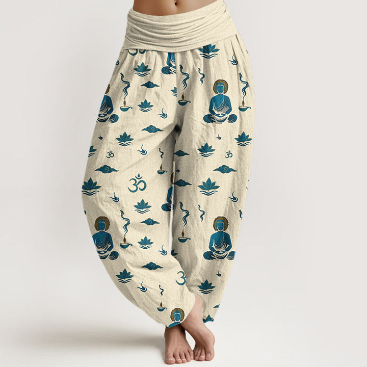 Buddha Stones Cotton Om Symbol Lotus Cloud Buddha Pattern Women's Elastic Waist Harem Pants - LightGoldenrodYellow - US16，UK/AU20，EU48 (3XL) - image 8