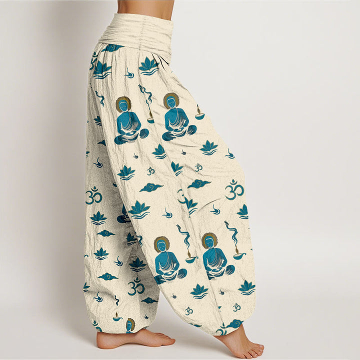 Buddha Stones Cotton Om Symbol Lotus Cloud Buddha Pattern Women's Elastic Waist Harem Pants - image 10