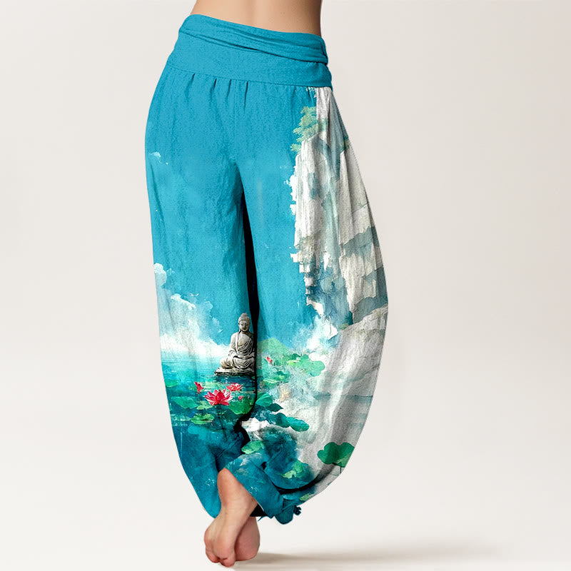 Buddha Stones Cotton Lotus Flower Leaf Rocks Water Surface Cloud Buddha Pattern Women's Elastic Waist Harem Pants - image 1