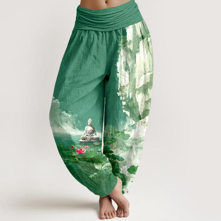 Buddha Stones Cotton Lotus Flower Leaf Rocks Water Surface Cloud Buddha Pattern Women's Elastic Waist Harem Pants - MediumSeaGreen - US16，UK/AU20，EU48 (3XL) - image 5