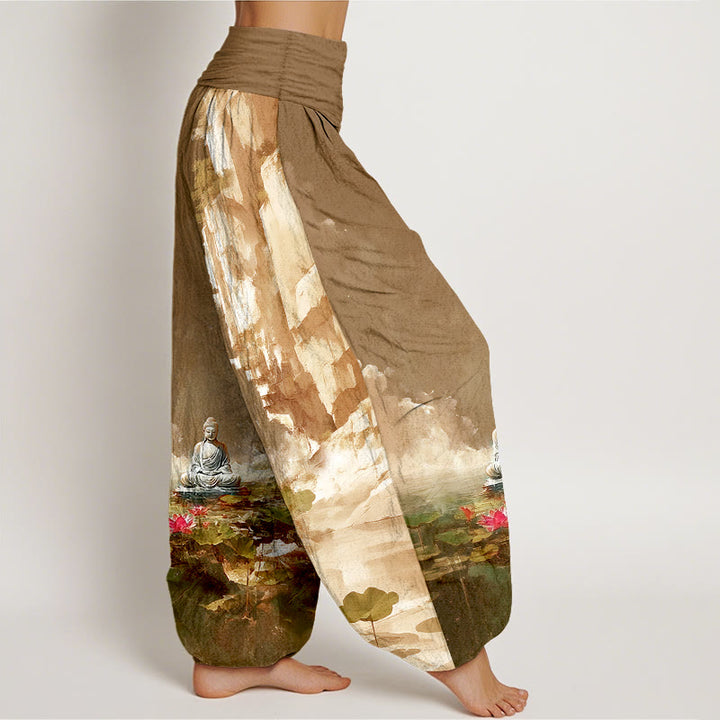 Buddha Stones Cotton Lotus Flower Leaf Rocks Water Surface Cloud Buddha Pattern Women's Elastic Waist Harem Pants - image 10