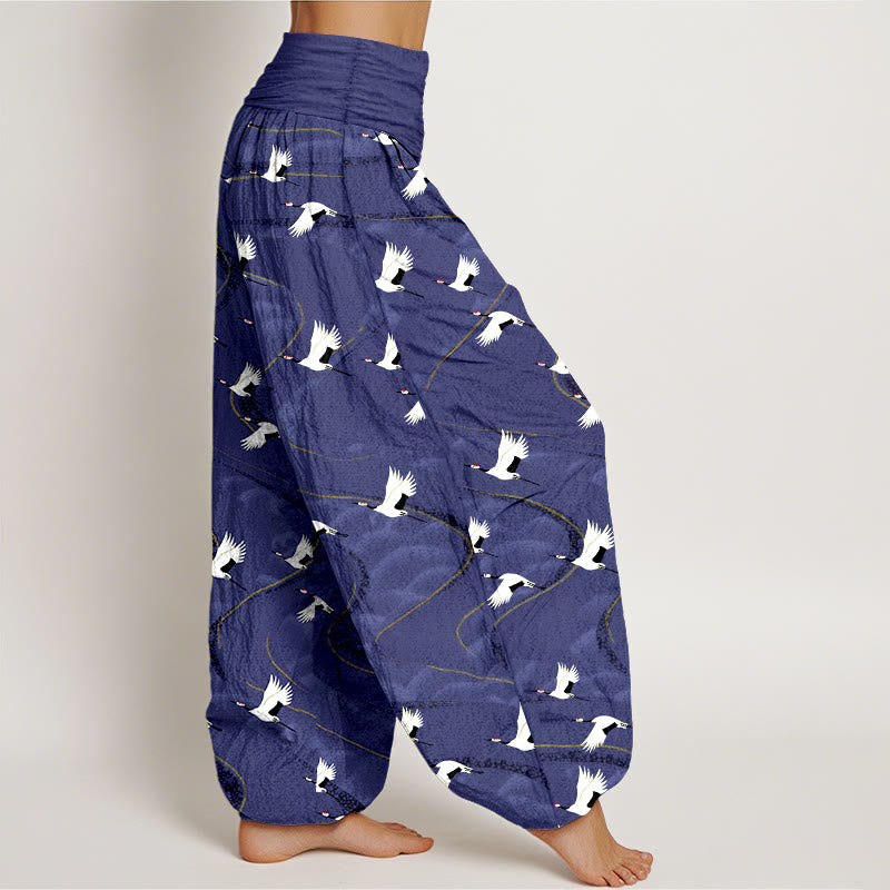 Buddha Stones Cotton Elegant Cranes Winding Lines Pattern Women's Elastic Waist Harem Pants - image 10