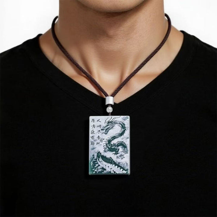 Buddha Stones Dragon Rectangular Jade Rope Luck Success Necklace Pendants - image 9