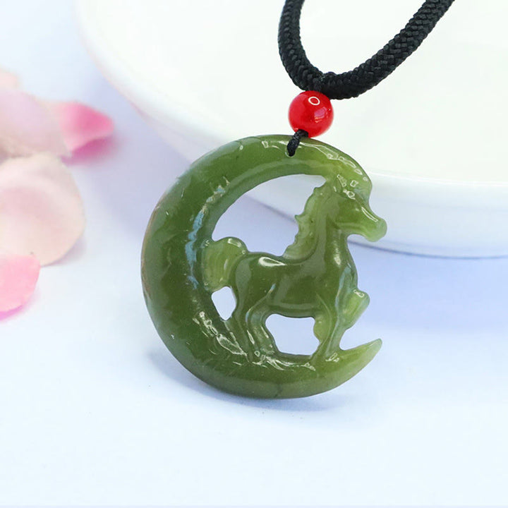 Buddha Stones Chinese Zodiac Year Of The Horse Charm Carved Jade Luck Prosperity Necklace Pendants - image 1
