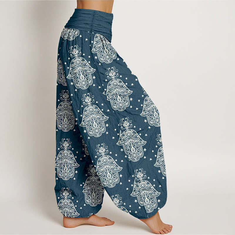 Buddha Stones Cotton Neatly Arranged Hamsa's Hand Pattern Women's Elastic Waist Harem Pants - image 7