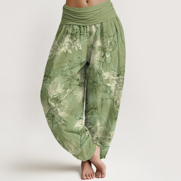 Buddha Stones Cotton Fresh Flower Bud Pattern Women's Elastic Waist Harem Pants - YellowGreen - US16，UK/AU20，EU48 (3XL) - image 0