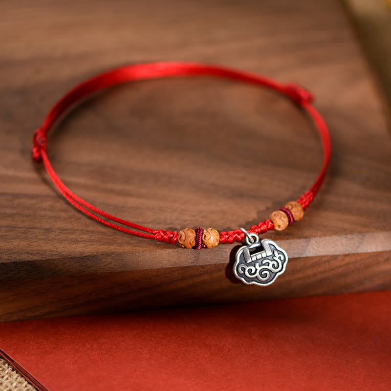 Buddha Stones Silver Longevity Lock Red String Peach Wood Bead Protection Adjustable Cats Small Dogs Pet Collar - image 9