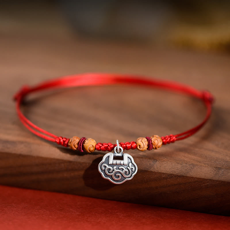 Buddha Stones Silver Longevity Lock Red String Peach Wood Bead Protection Adjustable Cats Small Dogs Pet Collar - image 2