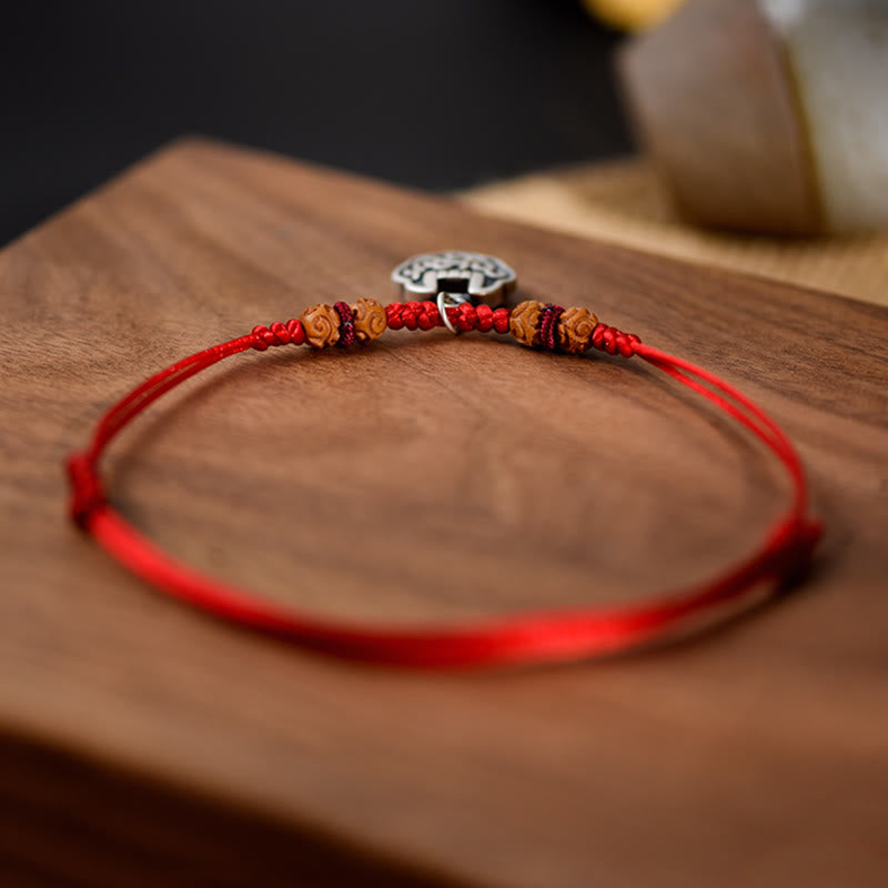 Buddha Stones Silver Longevity Lock Red String Peach Wood Bead Protection Adjustable Cats Small Dogs Pet Collar - image 4