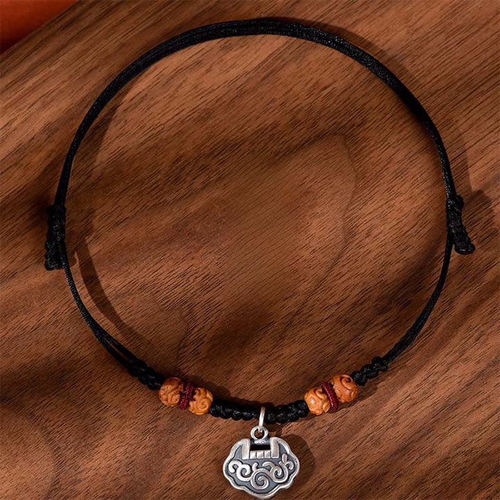 Buddha Stones Silver Longevity Lock Red String Peach Wood Bead Protection Adjustable Cats Small Dogs Pet Collar - Black Rope - 50-65cm - image 16