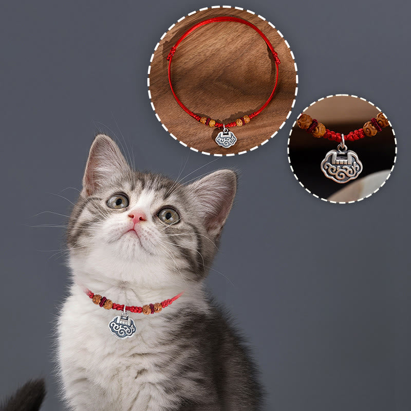 Buddha Stones Silver Longevity Lock Red String Peach Wood Bead Protection Adjustable Cats Small Dogs Pet Collar - image 15