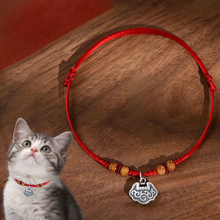 Buddha Stones Silver Longevity Lock Red String Peach Wood Bead Protection Adjustable Cats Small Dogs Pet Collar - Red Rope - 50-65cm - image 0