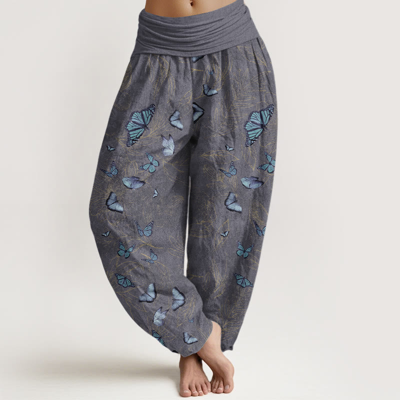Buddha Stones Cotton Dreamlike Butterfly Leaf Pattern Women's Elastic Waist Harem Pants - Gray - US16，UK/AU20，EU48 (3XL) - image 8