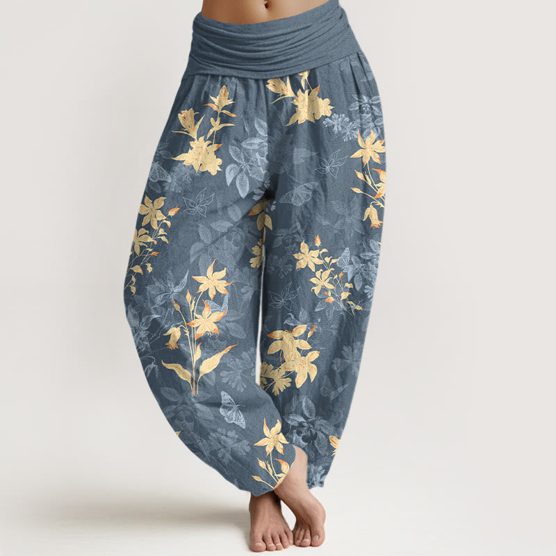 Buddha Stones Cotton Fresh Refined Flower Leaf Pattern Women's Elastic Waist Harem Pants - LightSlateGray - US16，UK/AU20，EU48 (3XL) - image 0