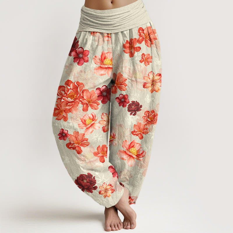 Buddha Stones Cotton Intensely Colored Flower Pattern Women's Elastic Waist Harem Pants - Beige - US16，UK/AU20，EU48 (3XL) - image 8