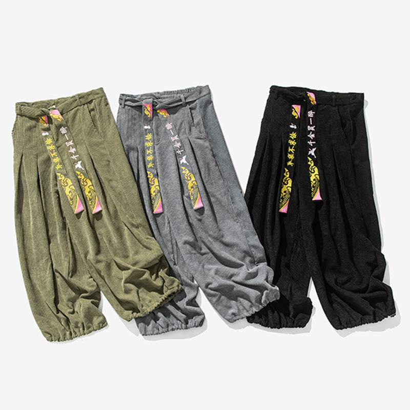 Buddha Stones Fall Winter Lace-up Chinese Character Embroidery Men's Corduroy Pants With Pockets - image 11