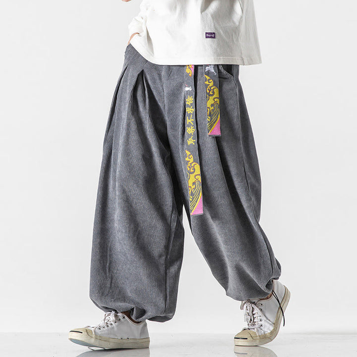 Buddha Stones Fall Winter Lace-up Chinese Character Embroidery Men's Corduroy Pants With Pockets - image 6