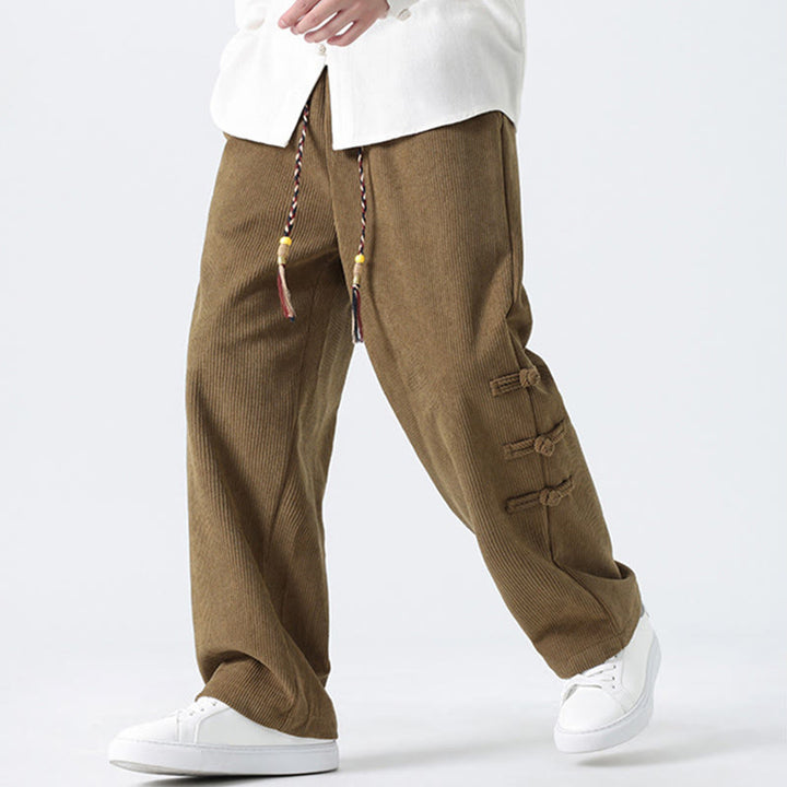 Buddha Stones Fall Solid Frog-Button Men's Drawstring Corduroy Straight Leg Pants With Pockets - image 3