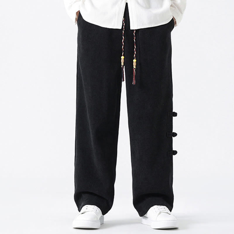 Buddha Stones Fall Solid Frog-Button Men's Drawstring Corduroy Straight Leg Pants With Pockets - Black - US/UK/AU46，EU56 (5XL) - image 12