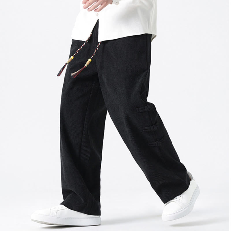 Buddha Stones Fall Solid Frog-Button Men's Drawstring Corduroy Straight Leg Pants With Pockets - image 14