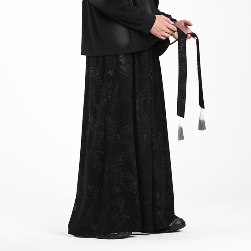 Buddha Stones Dragon Jacquard Drawstring Design Men's Corduroy Wide Leg Pants With Pockets - image 15