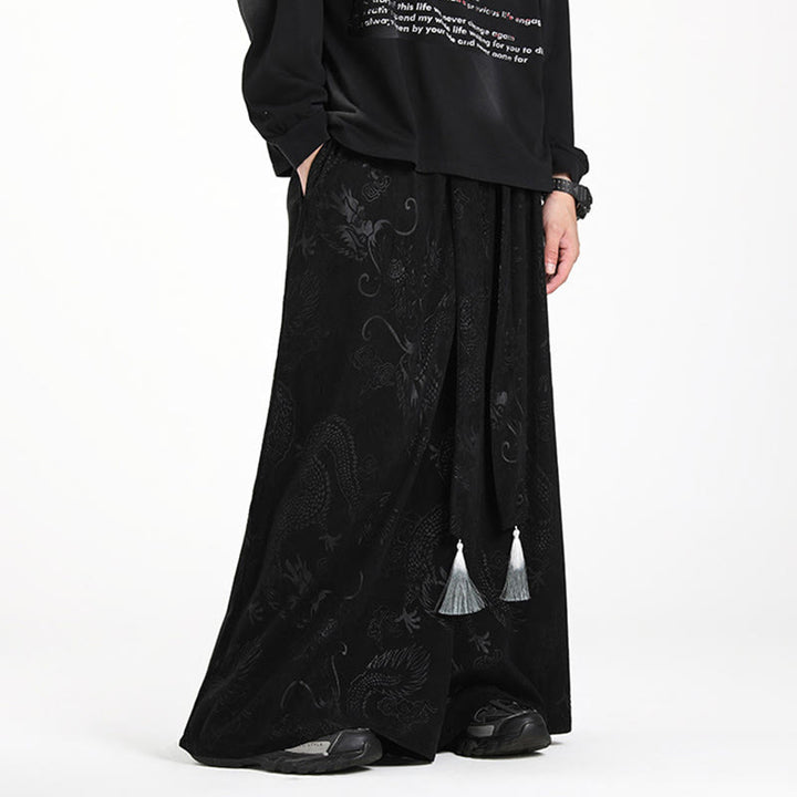 Buddha Stones Dragon Jacquard Drawstring Design Men's Corduroy Wide Leg Pants With Pockets - image 11