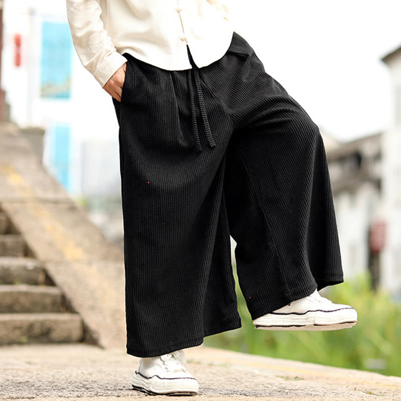Buddha Stones Fall Solid Color Drawstring Design Men's Corduroy Wide Leg Pants With Pockets - image 12