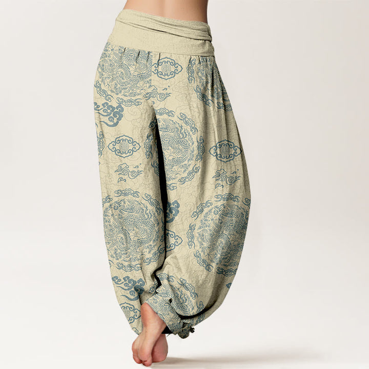 Buddha Stones Cotton Light Color Dragon Cloud Pattern Women's Elastic Waist Harem Pants - image 9