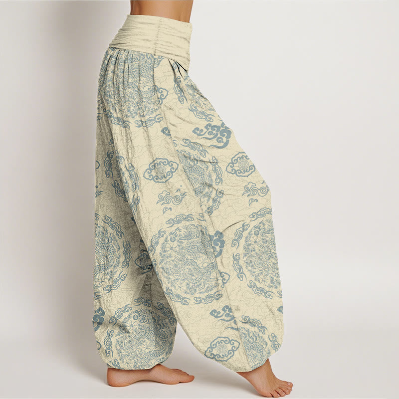 Buddha Stones Cotton Light Color Dragon Cloud Pattern Women's Elastic Waist Harem Pants - image 10