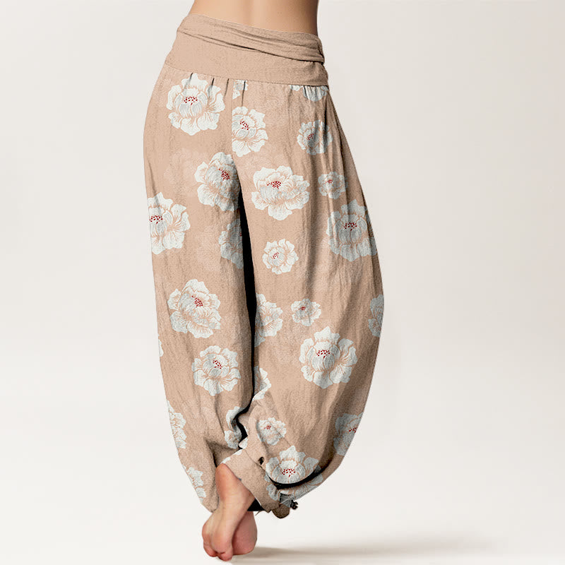 Buddha Stones Cotton Elegant White Flowers Pattern Women's Elastic Waist Harem Pants - image 1
