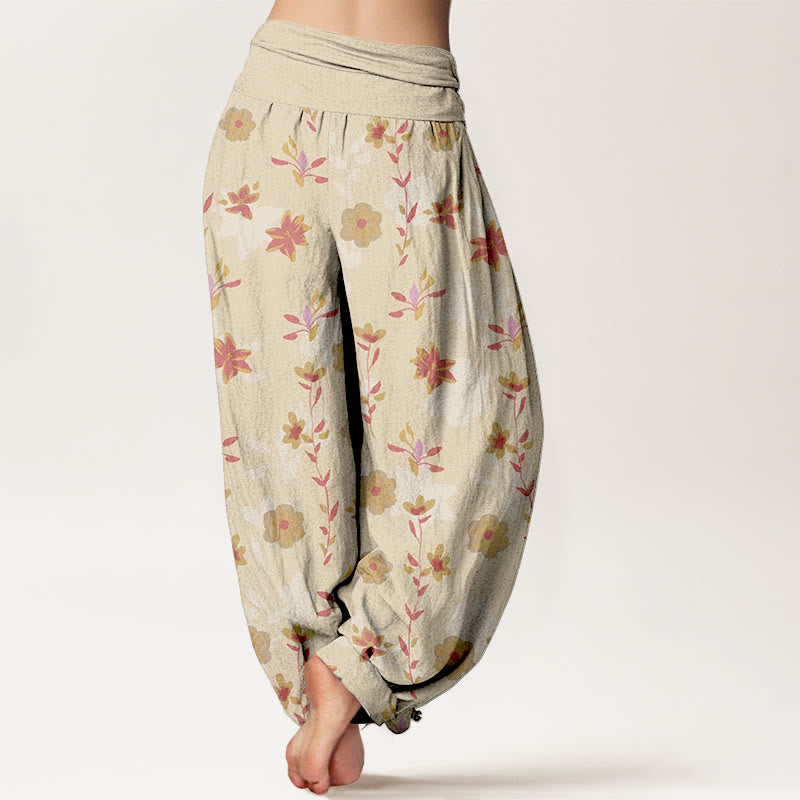 Buddha Stones Cotton Simple Refreshing Flower Leaf Pattern Women's Elastic Waist Harem Pants - image 1