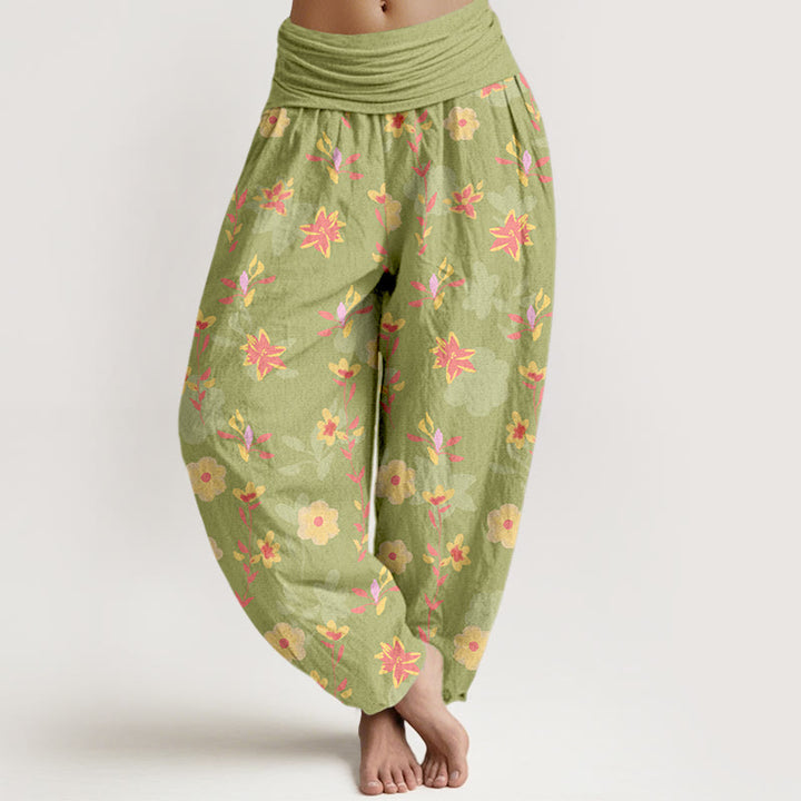 Buddha Stones Cotton Simple Refreshing Flower Leaf Pattern Women's Elastic Waist Harem Pants - YellowGreen - US16，UK/AU20，EU48 (3XL) - image 8
