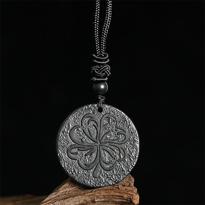 Buddha Stones Four Leaf Clover Authentic Shungite Stone Graphite Stone Protection Necklace Pendant - image 1