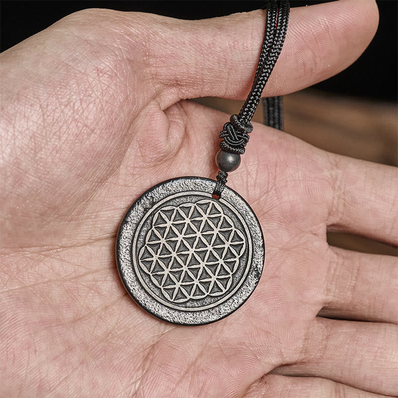 Buddha Stones Flower of Life Carving Design Authentic Shungite Stone Protection Necklace Pendant - image 4