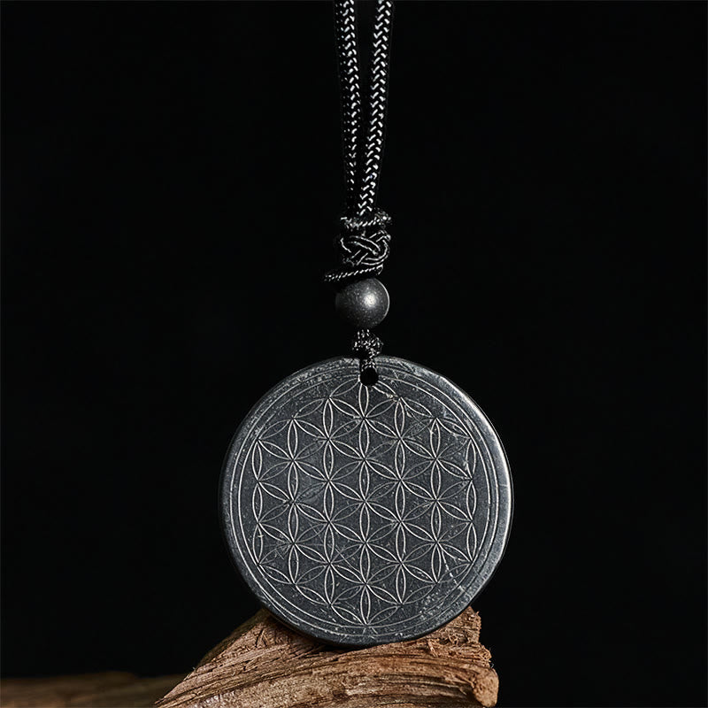 Buddha Stones Flower of Life Carving Design Authentic Shungite Stone Protection Necklace Pendant - image 9
