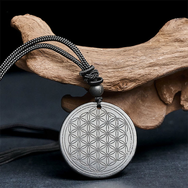 Buddha Stones Flower of Life Carving Design Authentic Shungite Stone Protection Necklace Pendant - image 8