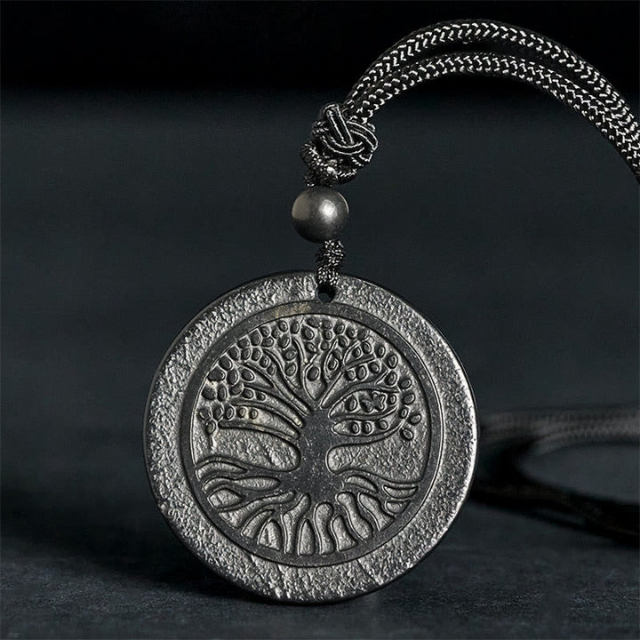 Buddha Stones The Tree of Life Carving Pattern Authentic Shungite Stone Protection Necklace Pendant - The Tree of Life(Enlightenment ♥ Connection) - 35-40mm - image 0
