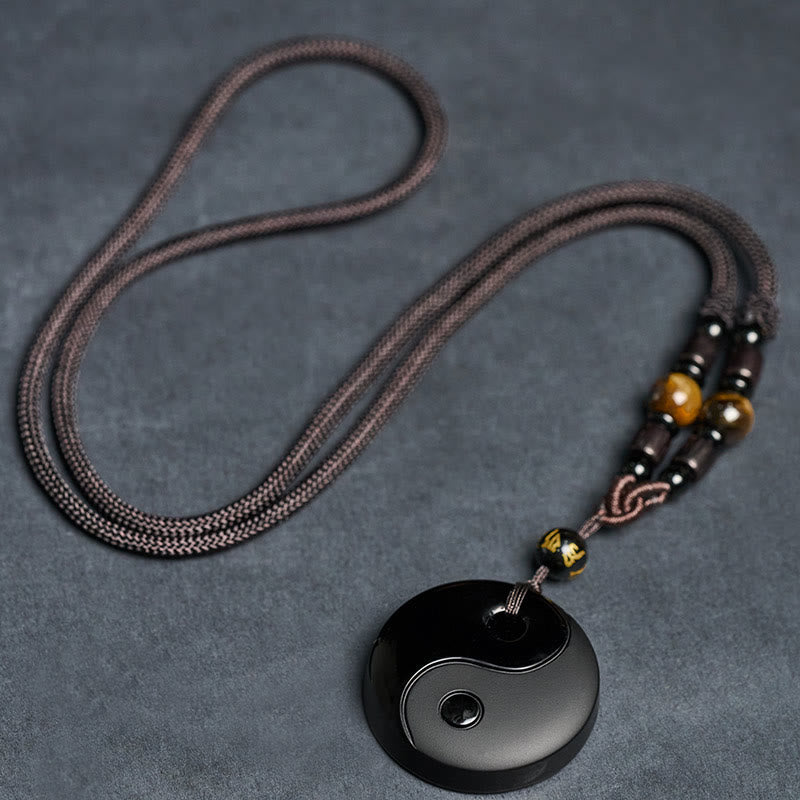 Buddha Stones Yin Yang Symbol Om Mani Padme Hum Black Obsidian Strength Necklace Pendant - image 6