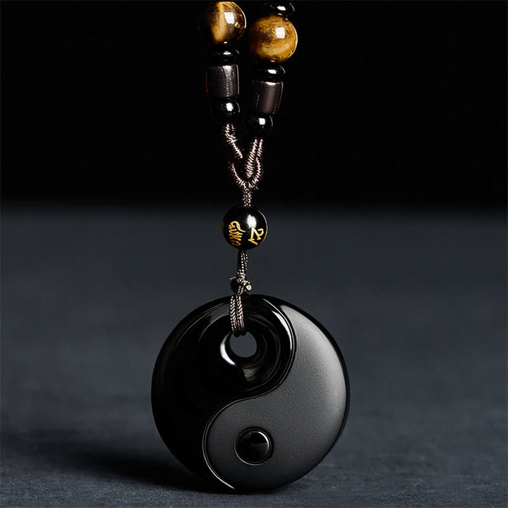 Buddha Stones Yin Yang Symbol Om Mani Padme Hum Black Obsidian Strength Necklace Pendant - image 2