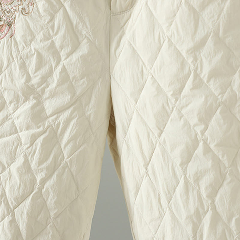 Buddha Stones Pink Flower Rhombus Pattern Cotton Thick Women's Pants With Pockets - image 4