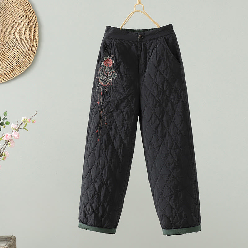 Buddha Stones Pink Flower Rhombus Pattern Cotton Thick Women's Pants With Pockets - Black - US8-10，UK/AU12-14，EU40-42 (2XL) - image 11