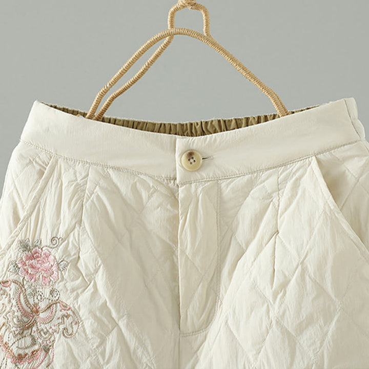 Buddha Stones Pink Flower Rhombus Pattern Cotton Thick Women's Pants With Pockets - image 3