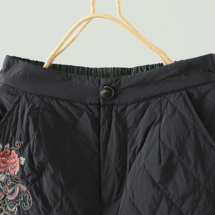 Buddha Stones Pink Flower Rhombus Pattern Cotton Thick Women's Pants With Pockets - image 12